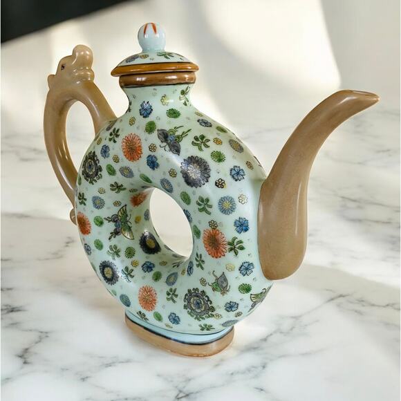 Vintage Chinese Donut Shaped Blue Floral Butterfly Porcelain Tea Pot with Dragon - Picture 7 of 16
